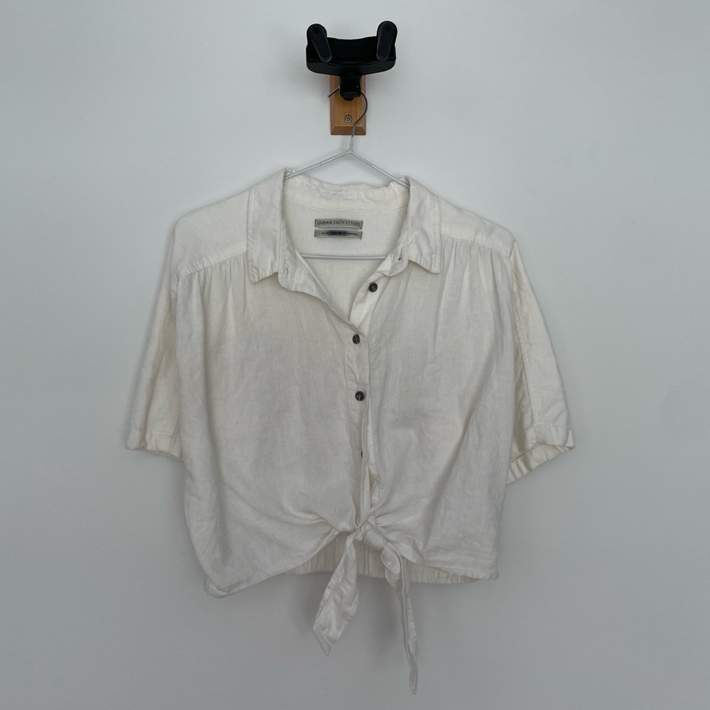 Urban Outfitters White Linen Blend Tie Front Button-Up Shirt Women’s M